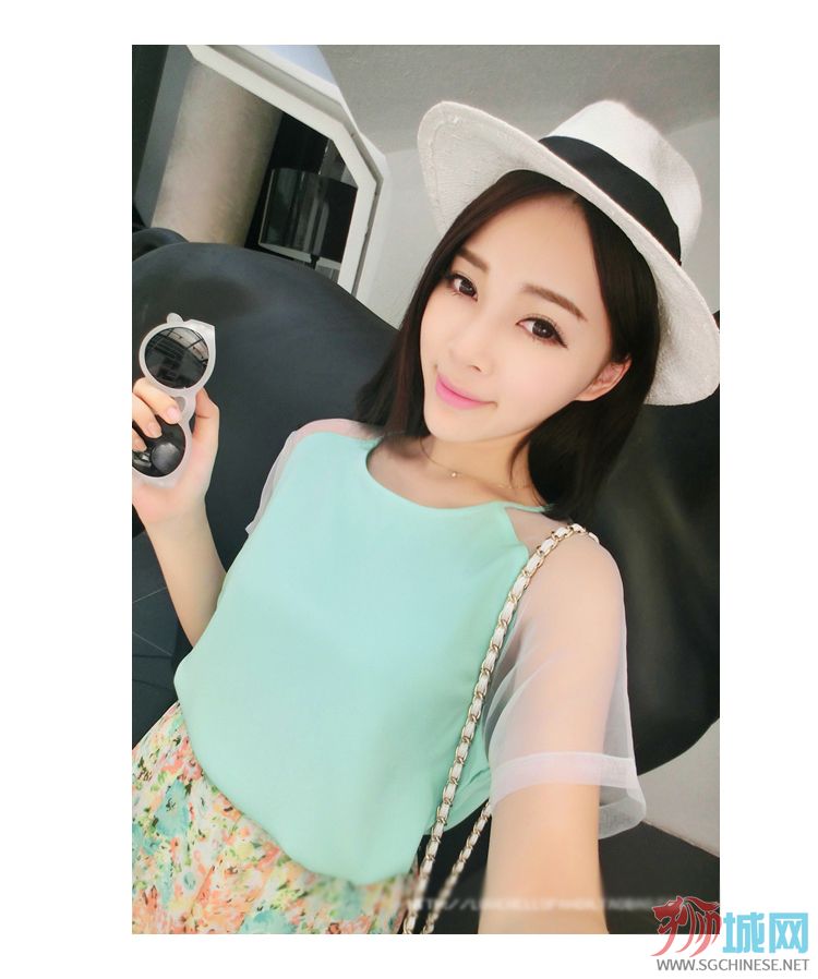 46B8(8193) 新款 韩国款欧根纱拼接袖冰淇淋色雪纺衫(薄荷绿).jpg